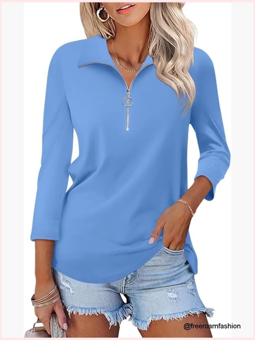 Women's 3/4 Sleeve Collared V Neck Polo Zip Shirt